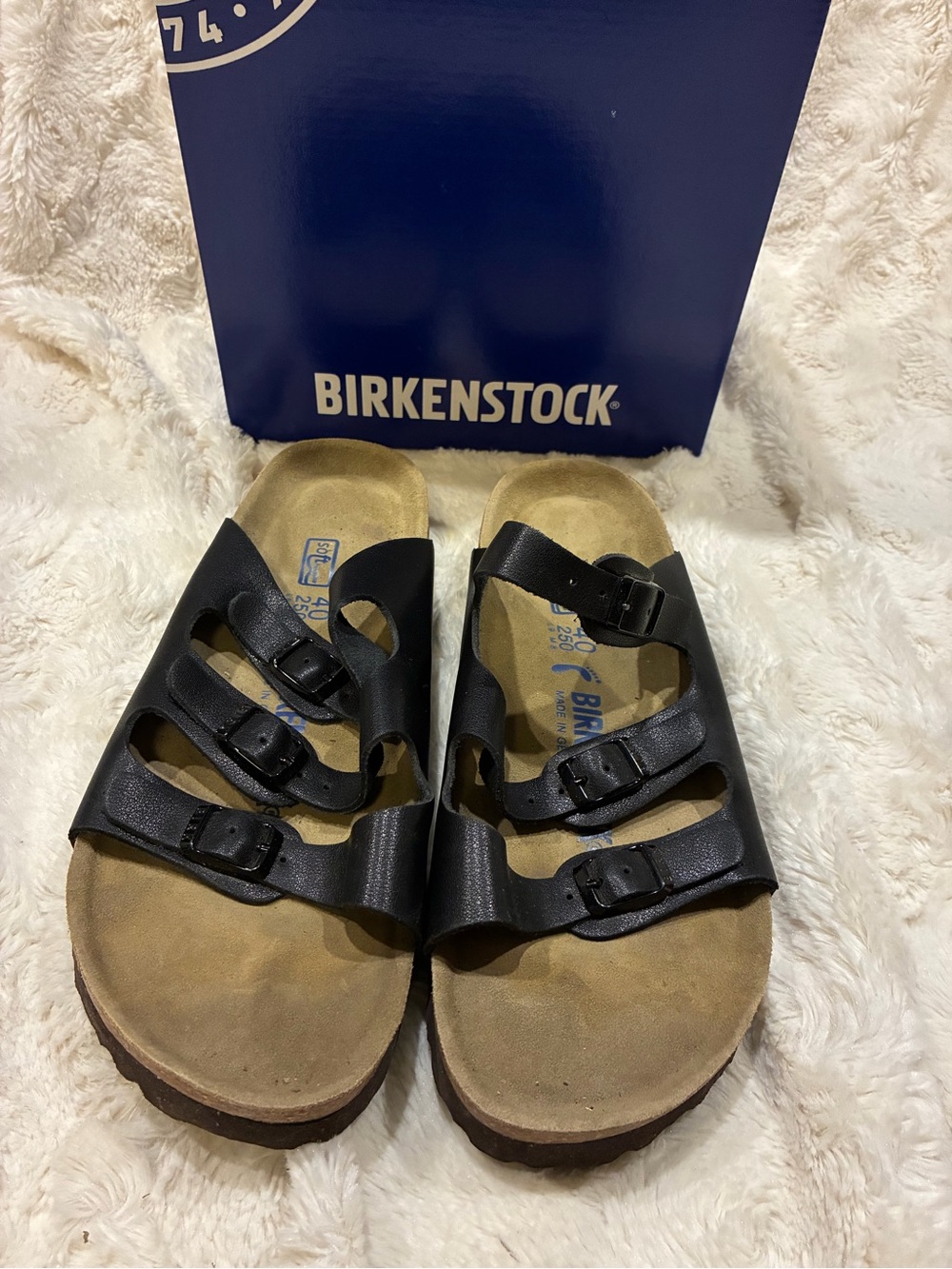 Birkenstock Florida Soft Footbed Black Three-Strap Slide Sandals size 9